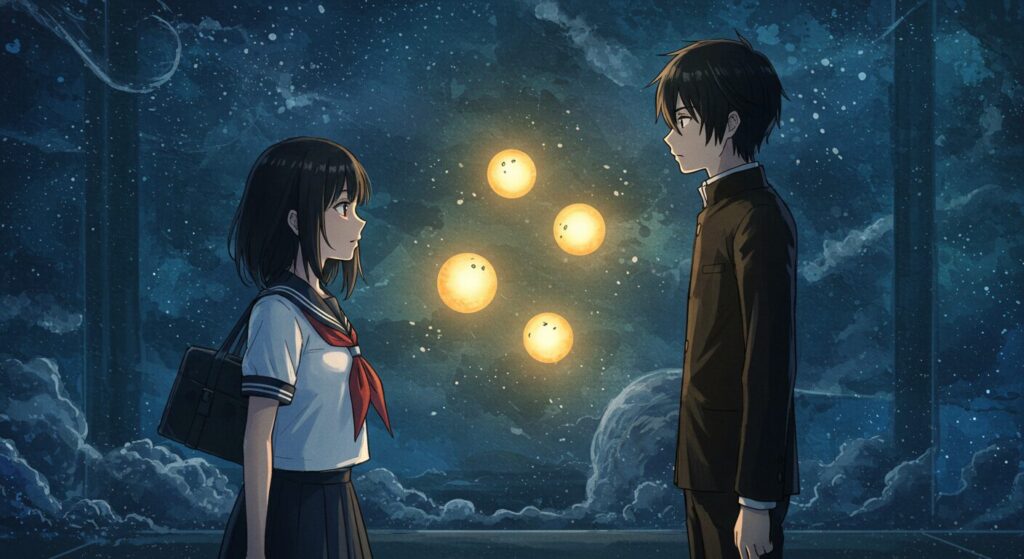 『いつか、眠りにつく日』の主人公・蛍と案内人クロが3つの未練を象徴する光を前にして向かい合うイラスト。