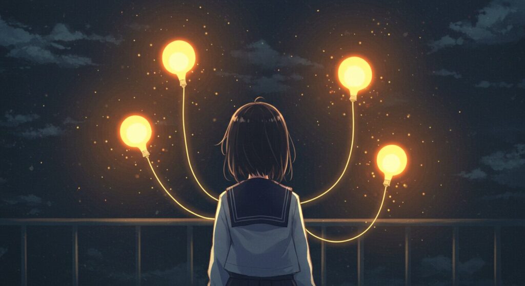 『いつか、眠りにつく日』の絆を象徴する画像。少女の先に浮かぶ3つの光が、それぞれ光の糸で少女と繋がっているイラスト