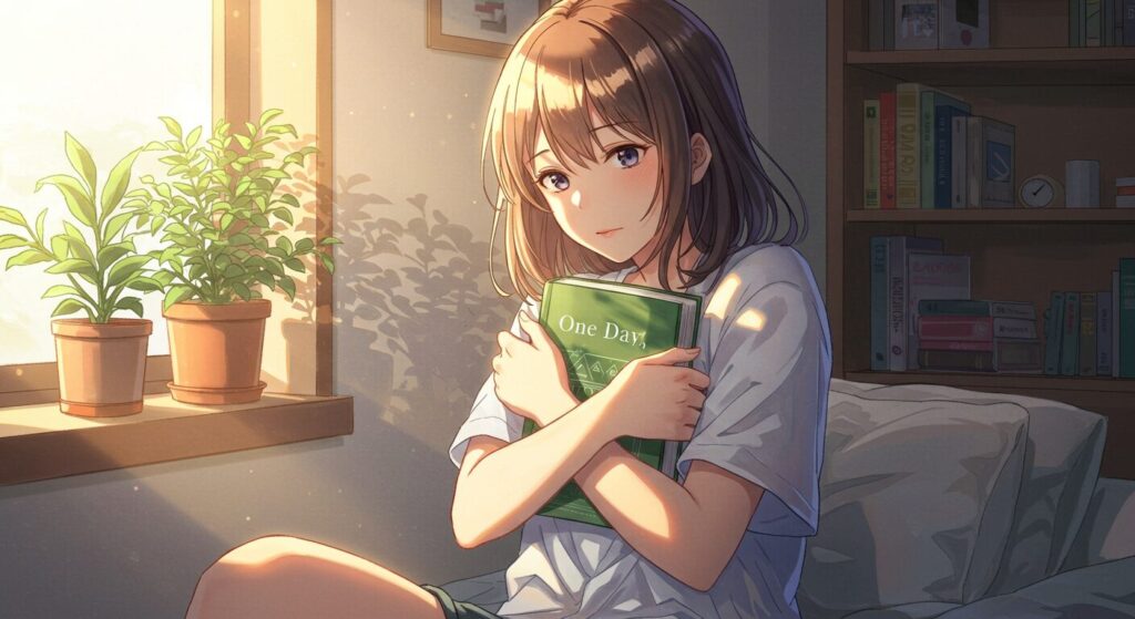 『いつか、眠りにつく日』をおすすめする読者をイメージした画像。部屋で本を胸に抱き、感動の余韻に浸る若い女性のイラスト