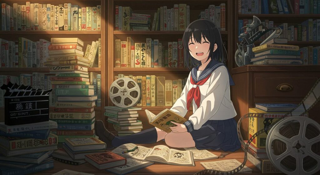 『いつか、眠りにつく日』の関連情報を象徴する画像。書斎でたくさんの本に囲まれ、その中の一冊を手に取り微笑むセーラー服の少女のイラスト