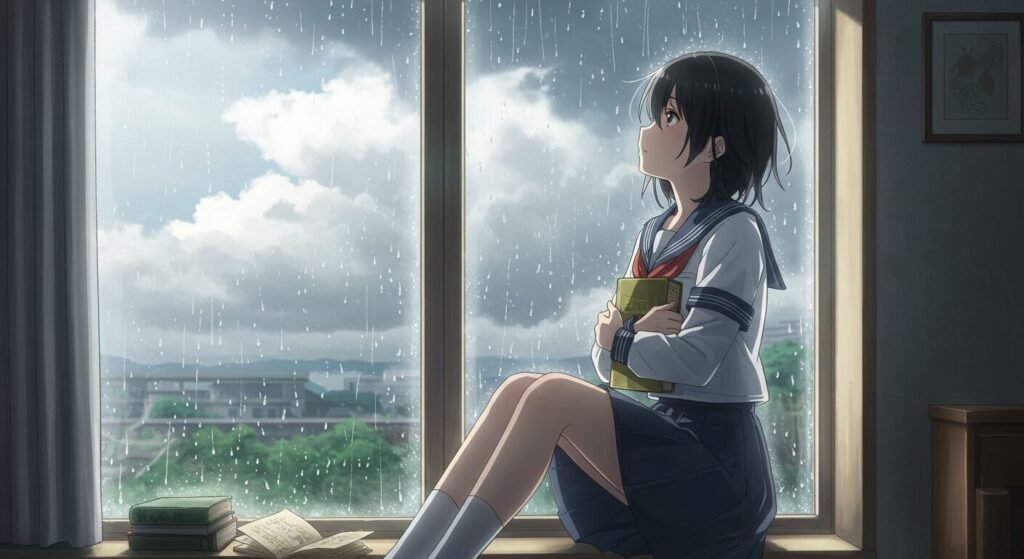 『いつか、眠りにつく日』の感想・レビューセクションの画像。窓辺に座り、本を胸に抱いて物憂げに空を見上げるセーラー服の少女のイラスト