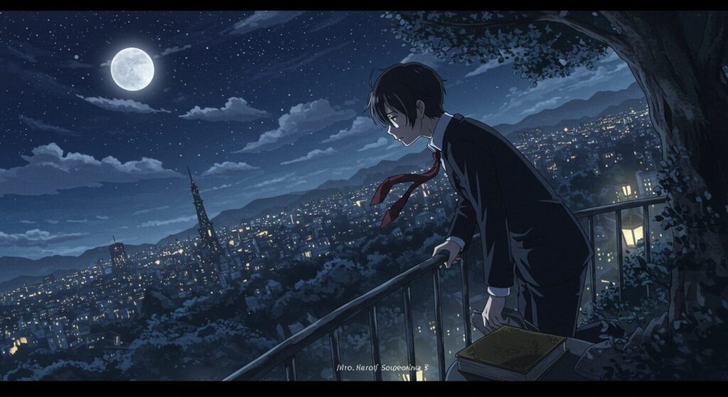『いつか、眠りにつく日』の続編を象徴する画像。案内人クロが夜景を見下ろす、哀愁漂うイラスト