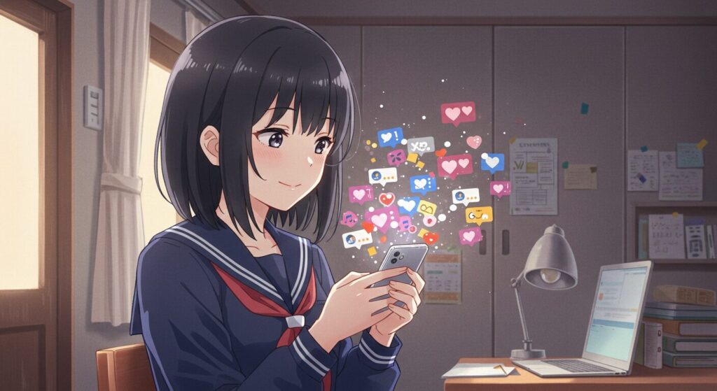 『いつか、眠りにつく日』のSNSでの評判を象徴する画像。スマートフォンを見て微笑む少女と、画面から浮かび上がるハートのアイコン