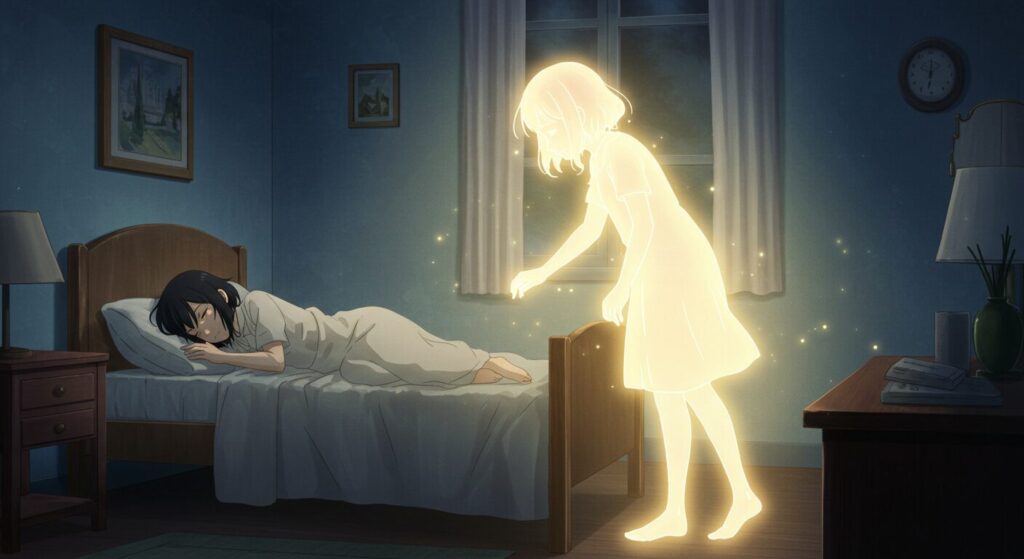『いつか、眠りにつく日』のネタバレを象徴する画像。病院で眠る少女と、その体から抜け出した半透明の少女のイラスト