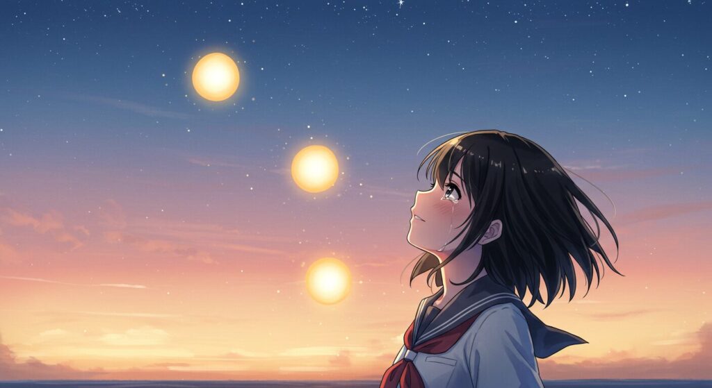 『いつか、眠りにつく日』のまとめを象徴する画像。少女が穏やかに空を見上げ、周りを3つの光が包んでいる感動的なイラスト