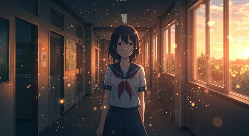 『いつか、眠りにつく日』のあらすじ解説セクションの画像。夕暮れの学校の廊下で、セーラー服姿の少女が光の粒子が舞う中、少し戸惑った表情で前を見つめているイラスト。