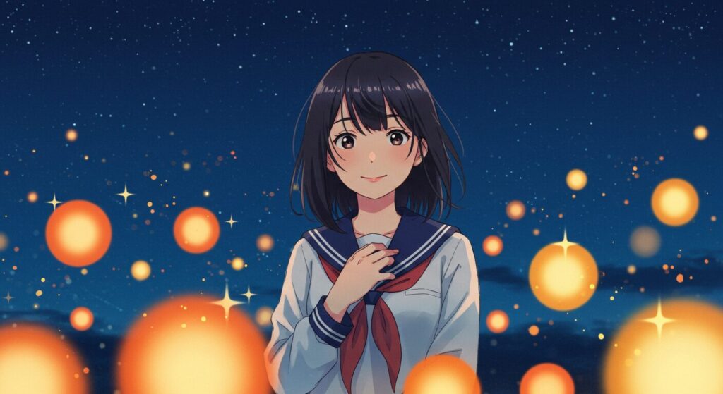 『いつか、眠りにつく日』のテーマ性を象徴する画像。セーラー服姿の少女が穏やかな表情を浮かべ、彼女の周りを温かい光の玉が漂っている幻想的なイラスト。