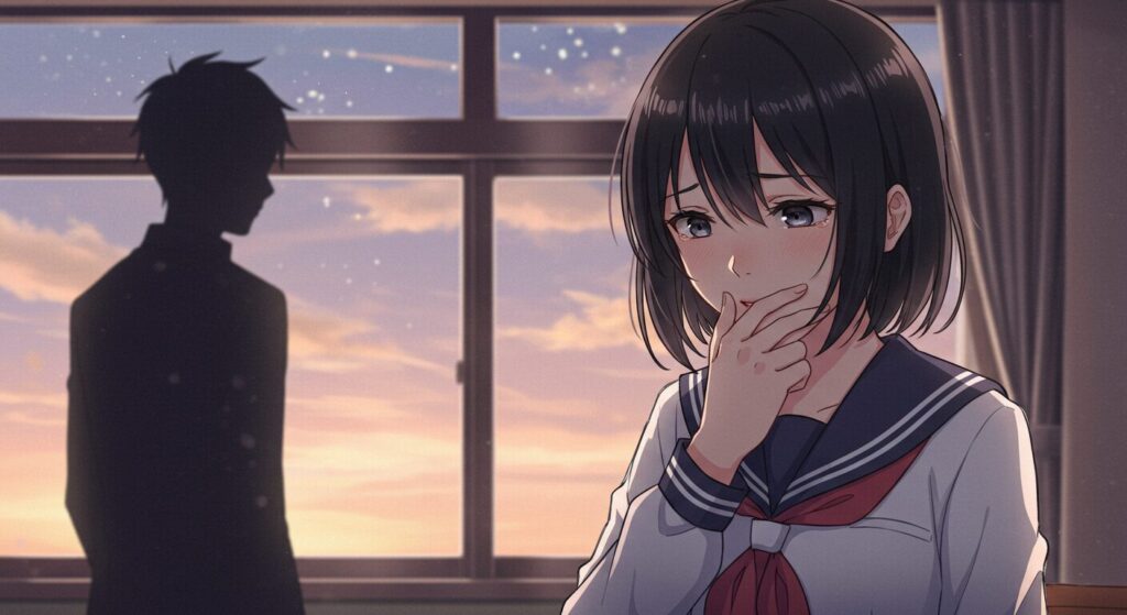 『いつか、眠りにつく日』のテーマを象徴する画像。大切な人を前にして想いを伝えようと葛藤するセーラー服の少女のイラスト