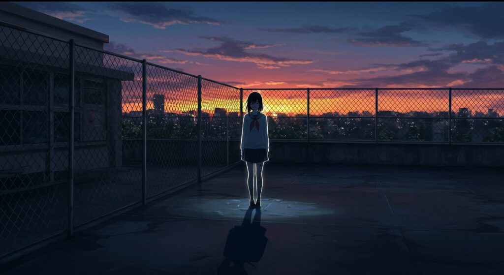 『いつか、眠りにつく日』の世界観を象徴する画像。夕暮れの学校の屋上に、淡い光を帯びた若い女性が佇むイラスト。