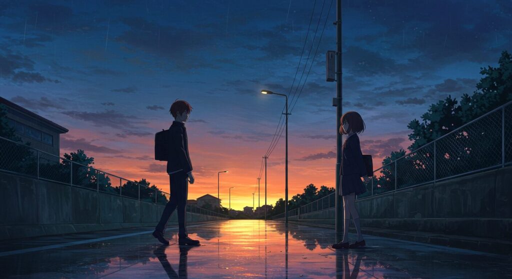 ライトノベル「時給300円の死神」をイメージした、雨上がりの夕暮れの通学路で対峙する主人公・佐倉真司とヒロイン・花森雪希の幻想的なイラスト