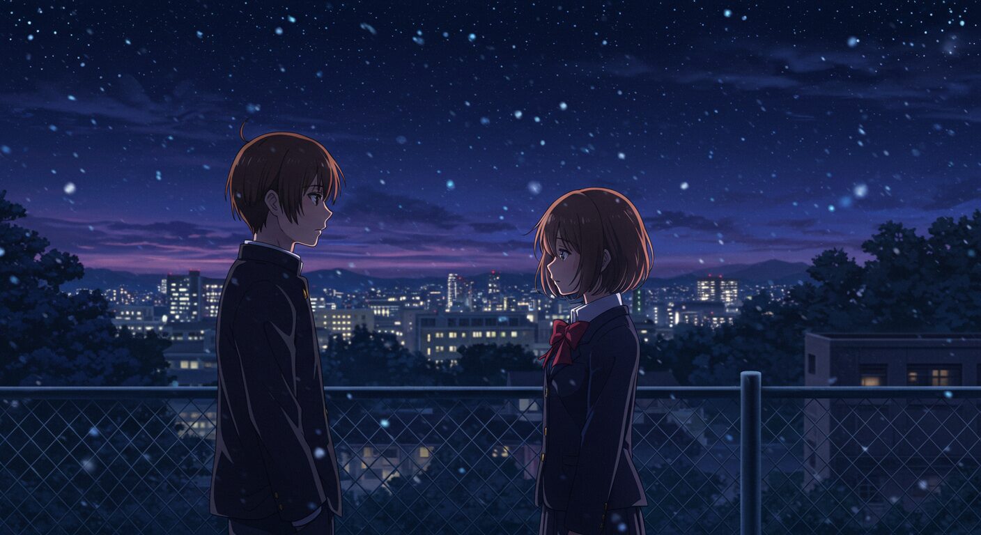 ライトノベル「時給300円の死神」をイメージした、冬の夜景を見つめる二人の高校生、佐倉真司と花森雪希の切なく美しいイラスト