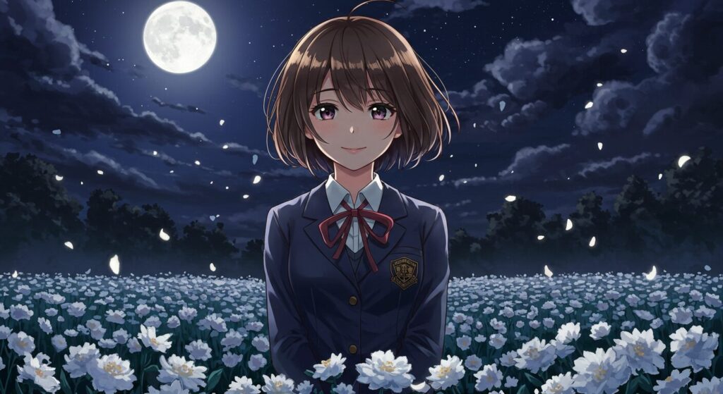 ライトノベル「時給300円の死神」をイメージした、月下の花畑に一人佇むヒロイン・花森雪希の、美しくもどこか儚げなイラスト