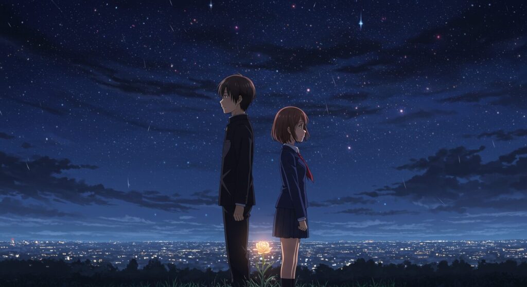 ライトノベル「時給300円の死神」をイメージした、美しい夜景を背景に背中合わせに立つ主人公・佐倉真司とヒロイン・花森雪希の、切なくも美しいイラスト
