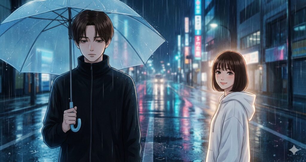 映画『時給300円の死神』をイメージした、雨の街で距離を保って佇む主人公・佐倉真司と花森雪希のシネマティックな実写風ビジュアル