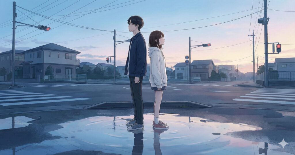 映画『時給300円の死神』をイメージした、背中合わせで未来を見つめる主人公とヒロインの実写風シネマティックビジュアル