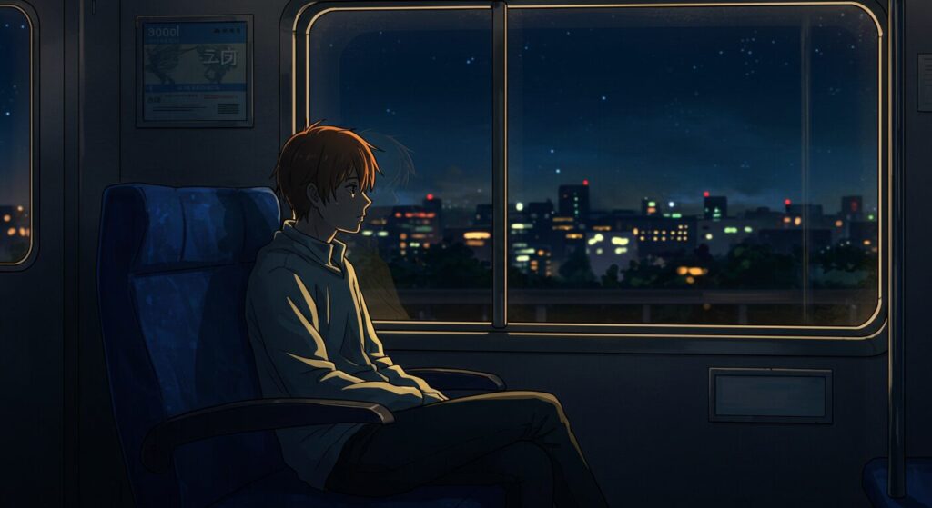 ライトノベル「時給300円の死神」をイメージした、夜の電車で窓の外を眺め、物思いに耽る主人公・佐倉真司の切ない雰囲気のイラスト