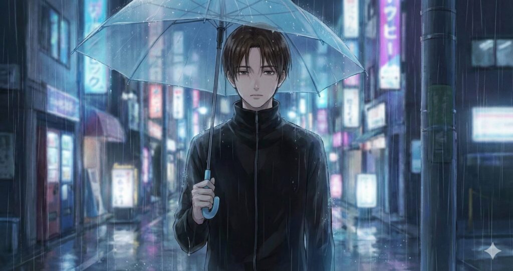 映画版『時給300円の死神』の主人公・佐倉真司をイメージした、雨の街に佇む憂いを帯びた青年の実写風ビジュアル