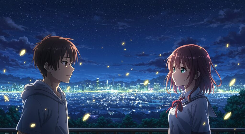 ライトノ-ベル「時給300円の死神」をイメージした、美しい夜景を背景にこちらを見つめる主人公とヒロインの、感動的で美しいキービジュアル風イラスト