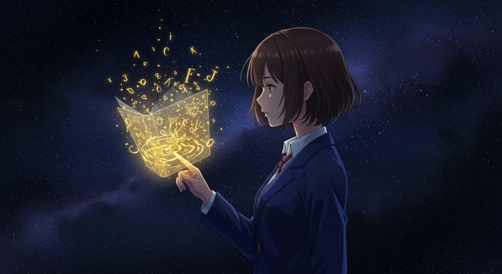 ライトノ-ベル「時給300円の死神」をイメージした、幻想的な空間で光る「透明な本」に触れ、物語の謎を解き明かすヒロイン・花森雪希のミステリアスなイラスト