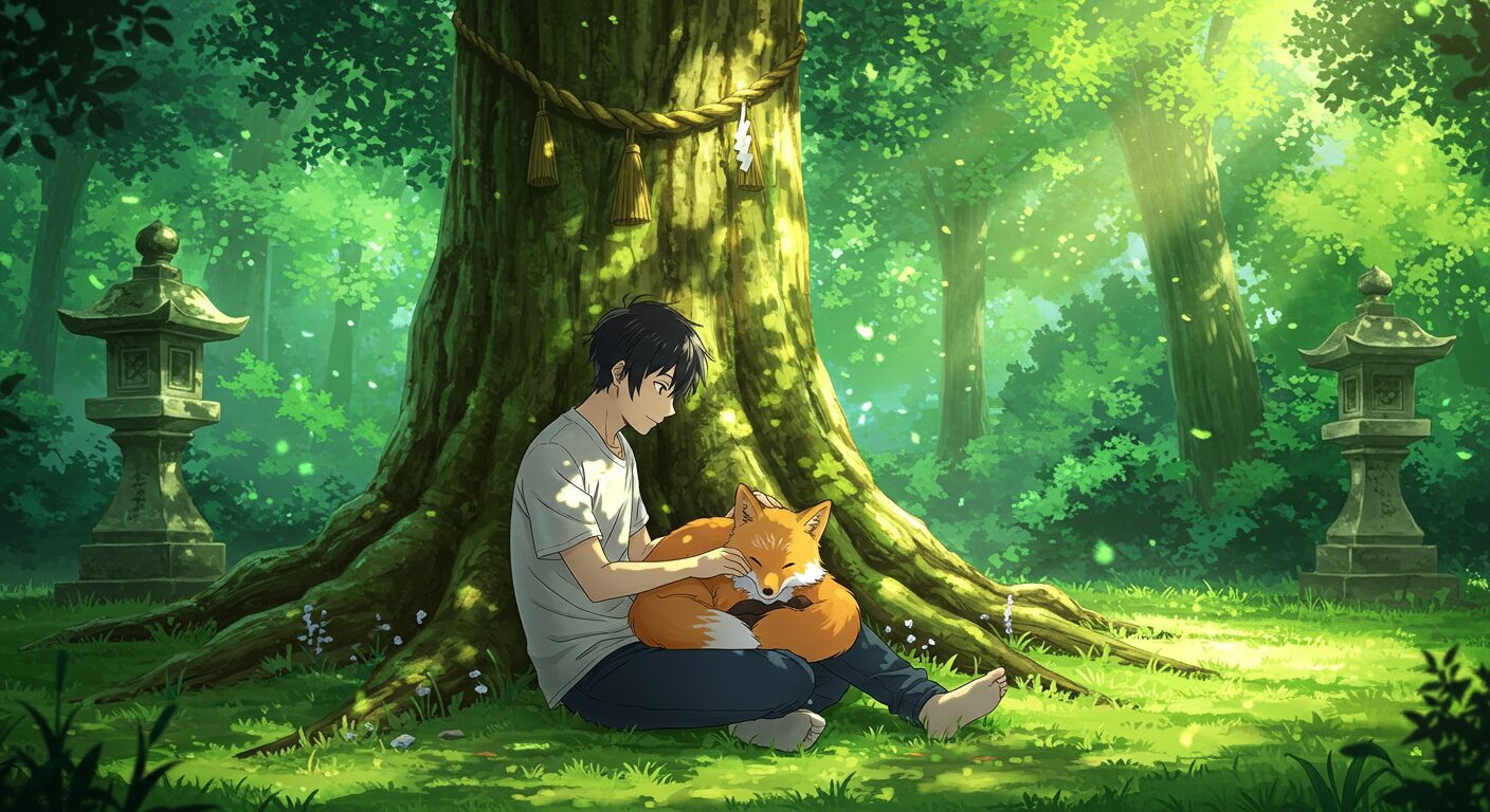 『神様の御用人』のアイキャッチ画像。御神木の木陰で、膝の上で眠る狐神の黄金を撫でる萩原良彦。作品の持つ癒やしの世界観を表現した穏やかなシーン