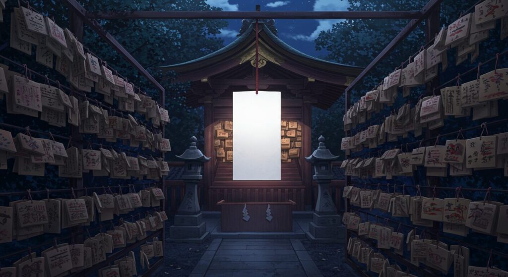 『神様の御用人』の名場面を象徴する画像。夜の神社で、月明かりに照らされた一枚の絵馬が静かに揺れている。物語の感動的なシーンを思い起こさせる情緒的な風景