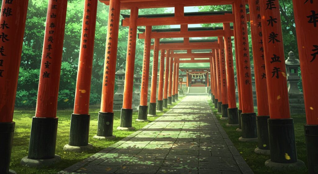 『神様の御用人』の聖地巡礼のイメージ。木漏れ日が美しい京都の神社の、朱色の鳥居が連なる静かな参道の風景