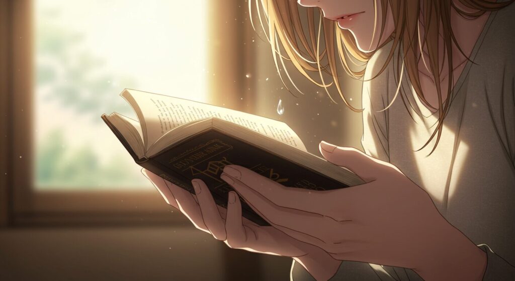 『神様の御用人』を読んで感動しているシーン。部屋で本を読む人の手元と、ページに落ちる一粒の涙が描かれ、作品の持つ心温まる感動を象徴している