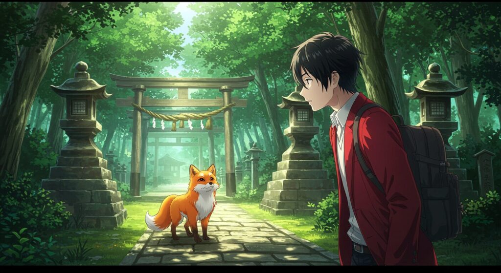 『神様の御用人』のあらすじを象徴する画像。神社の境内で、主人公の萩原良彦が喋る狐神・黄金と初めて出会い、物語が始まる瞬間