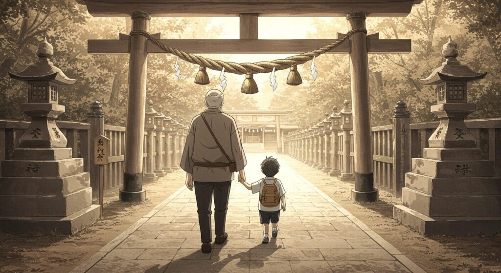 『神様の御用人』のテーマ「受け継がれる絆」を象徴する画像。夏の神社の参道を、祖父と幼い良彦が手を繋いで歩いている、温かくノスタルジックな後ろ姿