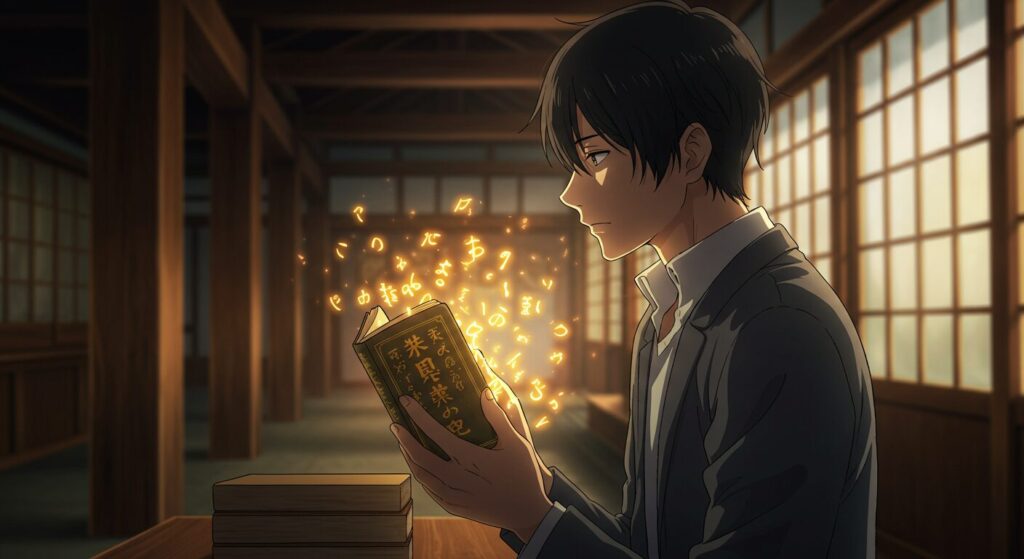 『神様の御用人』のテーマを象徴する画像。主人公の萩原良彦が古い和綴じの本を開くと、その文字が金色に輝き、彼の顔を照らしている。受け継がれる想いや物語の深みを感じさせる神秘的なシーン