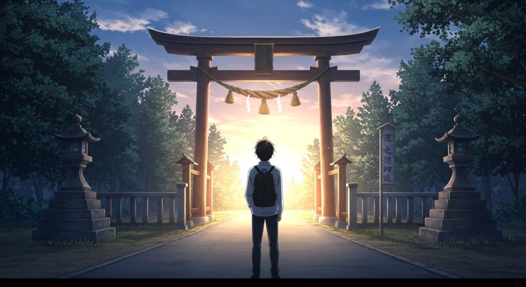 『神様の御用人』のテーマ「挫折からの再生」を象徴する画像。夜明けの鳥居の前に立つ主人公。進む先が朝日によって明るく照らされ、希望を感じさせるシーン