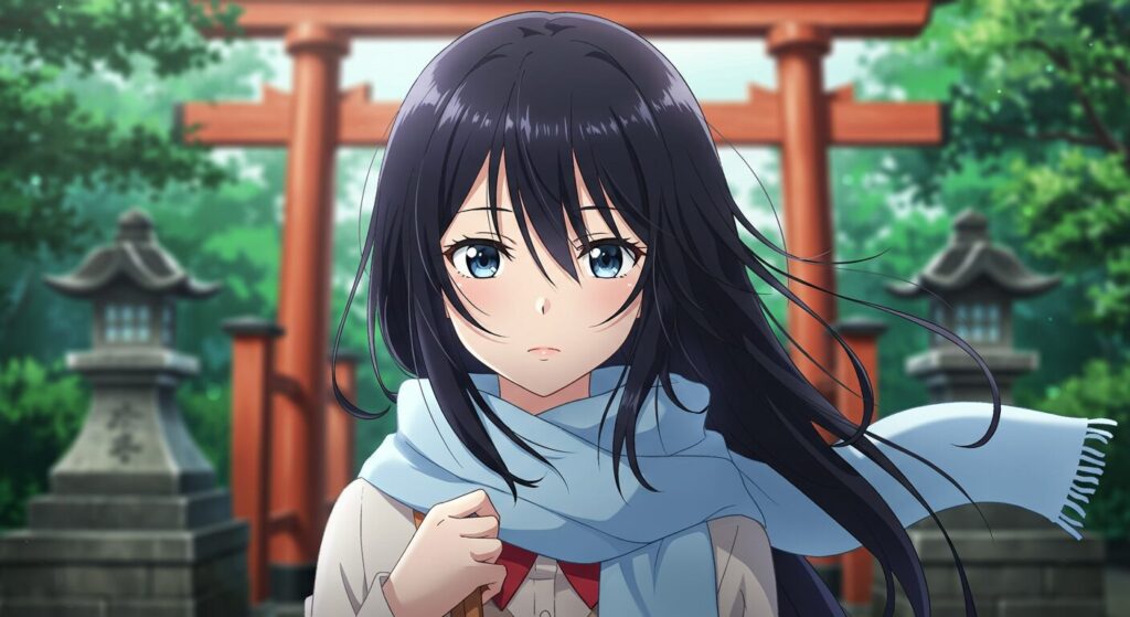 『神様の御用人』のキーパーソン、吉田穂乃香。神社の境内で静かに佇む、長い黒髪が印象的な彼女の清楚でミステリアスな姿