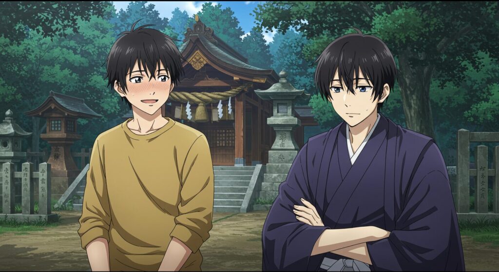 『神様の御用人』の良彦と孝太郎。神社の境内で話す主人公の良彦と、神職の装束を着た親友の孝太郎