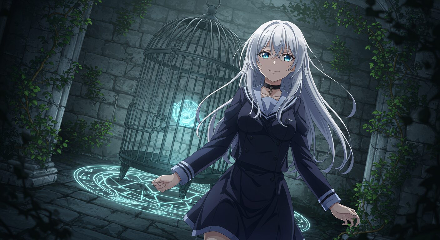 アニメ調のイラスト。アンティークな鳥かごの前に立つ、銀髪ロングヘアの魔女の少女「ミゼリア」。囚われの身でありながら、余裕のあるミステリアスな笑みを浮かべているゴシックファンタジーな雰囲気