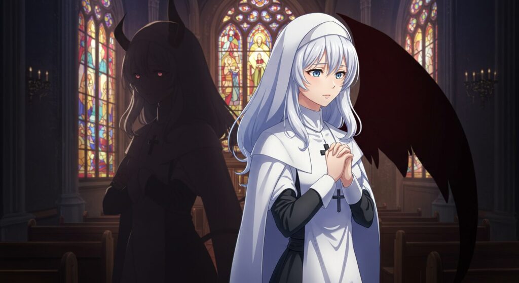 アニメ調のイラスト。白い修道服を着た美しい聖女が描かれているが、その影は禍々しい悪魔のような形をしている。『魔女に首輪は付けられない』のカトリーヌの二面性を象徴している
