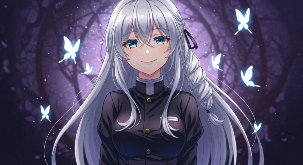 ライトノベル『魔女に首輪は付けられない』のヒロイン、ミゼリアの立ち絵。ミステリアスな微笑みを浮かべているアニメ風イラスト