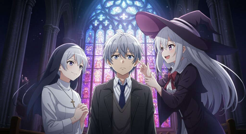 アニメ調のイラスト。青年捜査官を中心に、彼を翻弄する魔女の少女と、静かに微笑む聖女風の少女が描かれている。『魔女に首輪は付けられない』の登場人物たちの複雑な関係性を表している