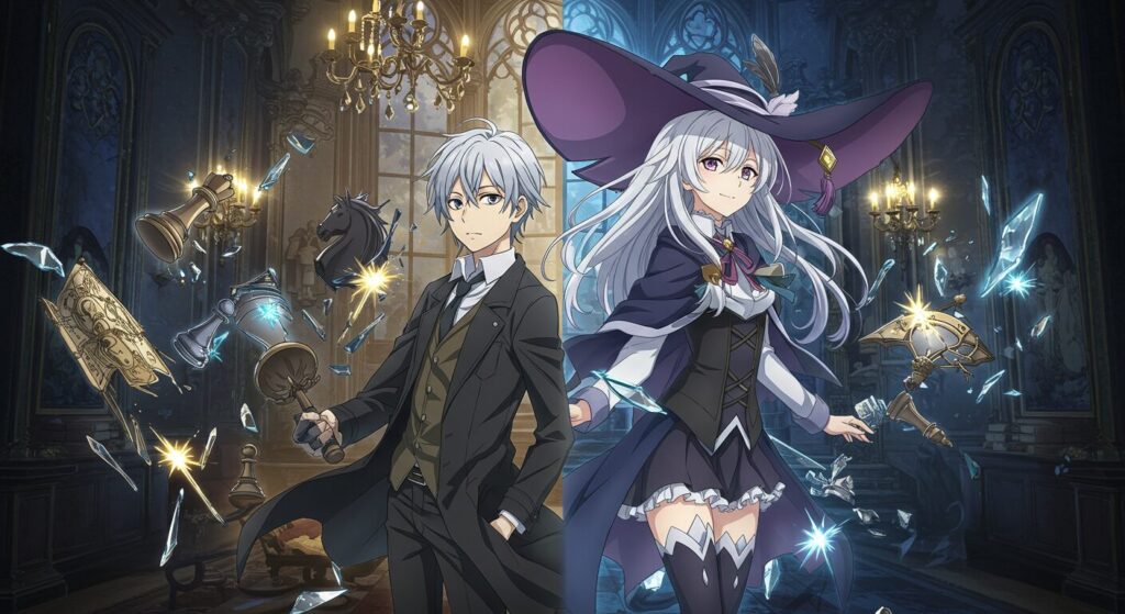 ライトノベル『魔女に首輪は付けられない』の魅力を象徴するアニメ風イラスト。青年捜査官と魔女の少女が並び立ち、周囲にチェスの駒や魔法のルーン文字が舞っている