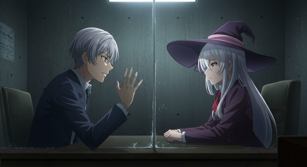 アニメ調のイラスト。青年捜査官と魔女の少女が、一枚のガラスを隔てて向き合っている。『羊たちの沈黙』の面会シーンを彷彿とさせる、緊張感のある構図