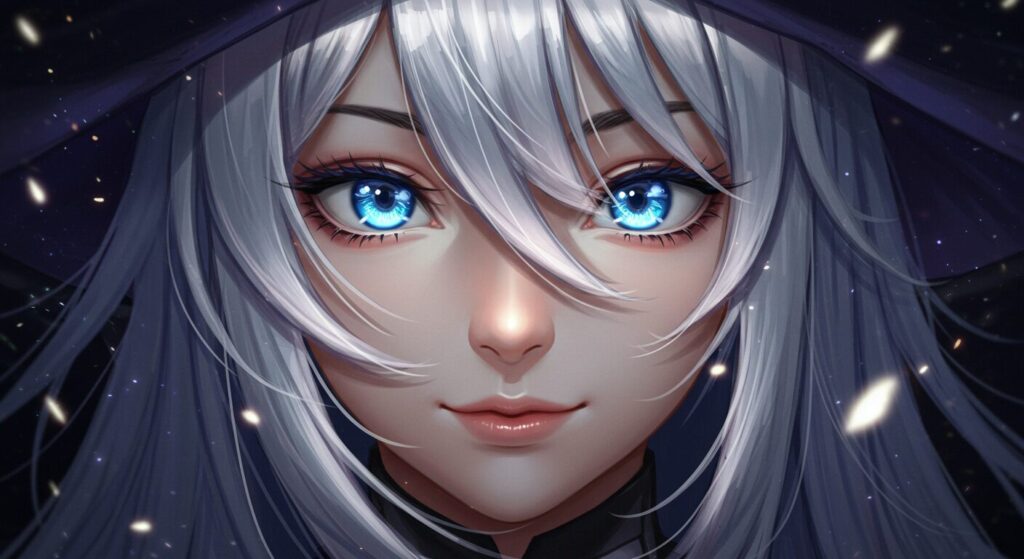 アニメ調のイラスト。銀髪ロングヘアの美少女、ミゼリアの顔のクローズアップ。透き通るような青い瞳がこちらをミステリアスに見つめている