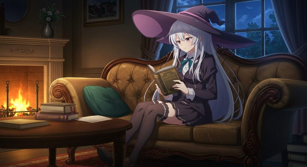 アニメ調のイラスト。ゴシックな部屋のソファで、銀髪ロングヘアの魔女の少女ミゼリアが分厚い本を静かに読んでいる