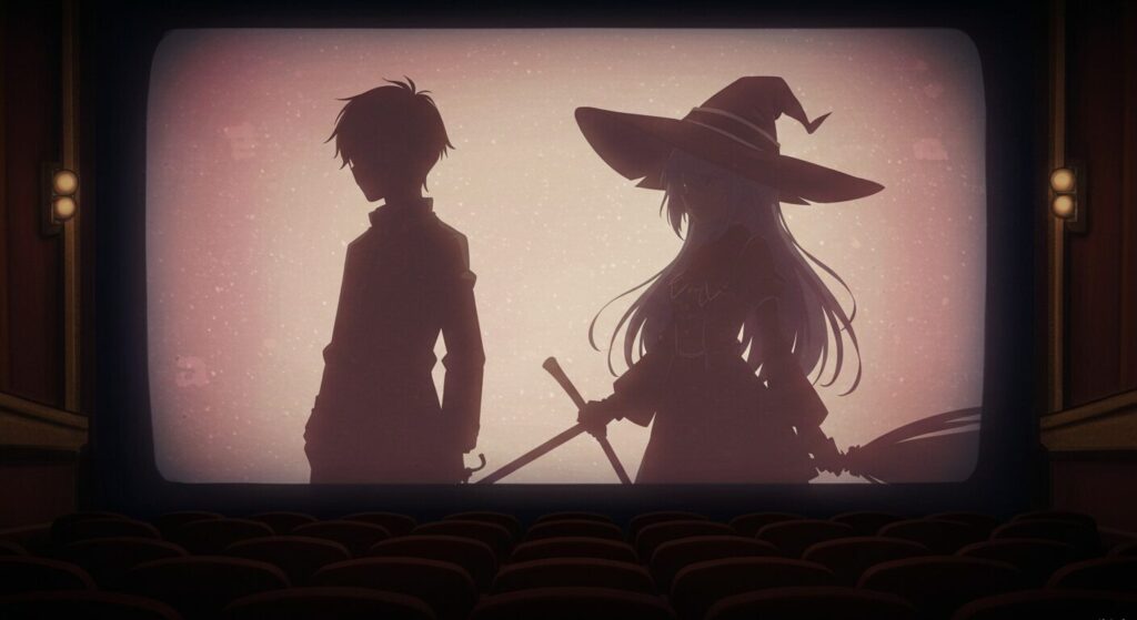 古い映画館のスクリーンに、アニメ風の青年と少女のシルエットが映し出されているイラスト