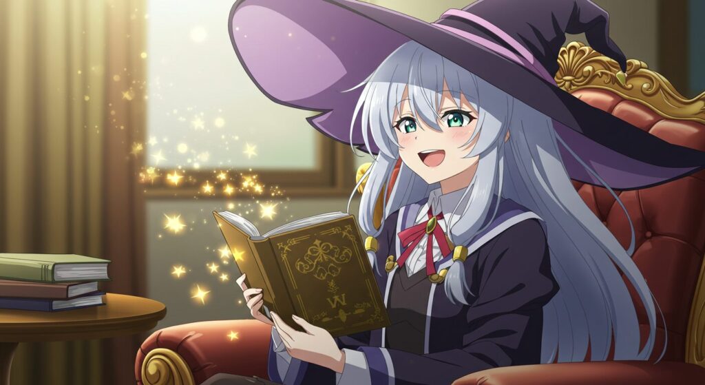 アニメ調のイラスト。銀髪の少女が楽しそうに本を読んでおり、その周りにキラキラとした光のエフェクトが舞っている