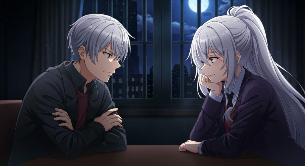 ライトノベル『魔女に首輪は付けられない』の主人公ローグとヒロインのミゼリアが、互いの腹を探り合うように見つめ合うアニメ風イラスト