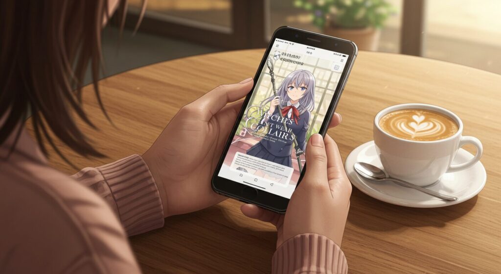 スマートフォンでライトノベルの電子書籍を読んでいる手元のクローズアップ