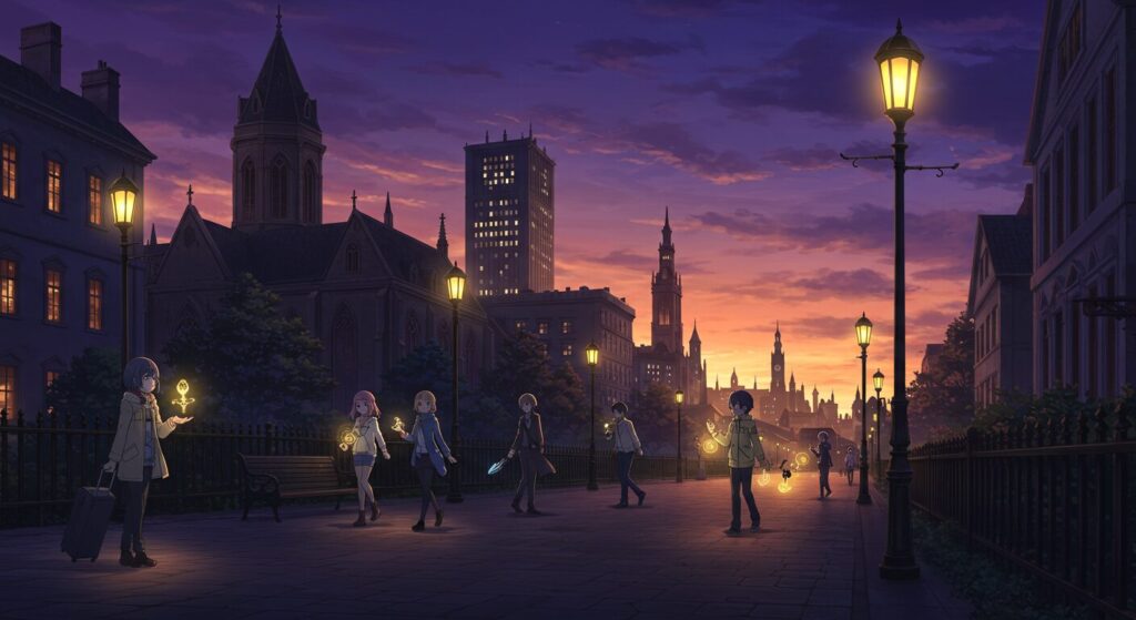 ライトノベル『魔女に首輪は付けられない』の世界観を表すアニメ風の風景イラスト。ゴシック建築と近代ビルが混在する都市で、人々が日常的に魔法を使っている様子が描かれている