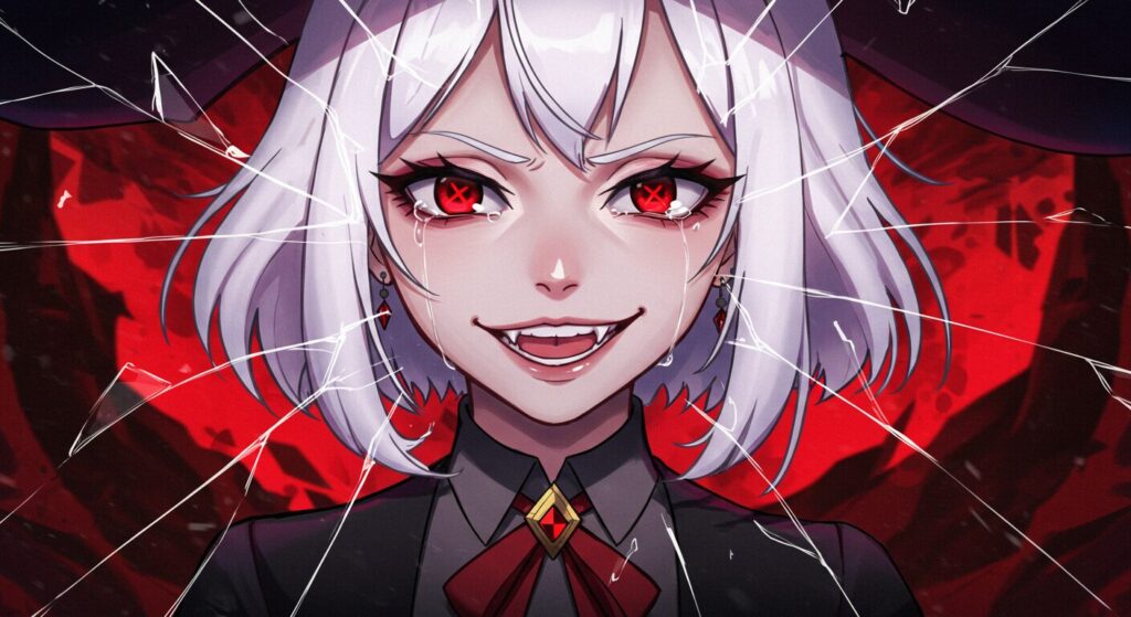 『魔女と猟犬』の登場人物を象徴する画像。割れた鏡のように、顔の半分は狂気的な笑みを、もう半分は悲しい表情を浮かべる白髪赤目の魔女