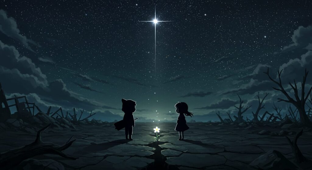 『魔女と猟犬』の絶望と希望を象徴する画像。荒れ果てた大地に立つ二人のシルエットと、夜空に輝く一つの星