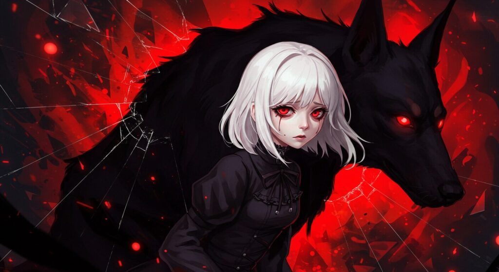 『魔女と猟犬』のアイキャッチ画像。黒い猟犬の巨大な影を背負い、割れた鏡の前で悲しげな表情を浮かべる白髪赤目の魔女