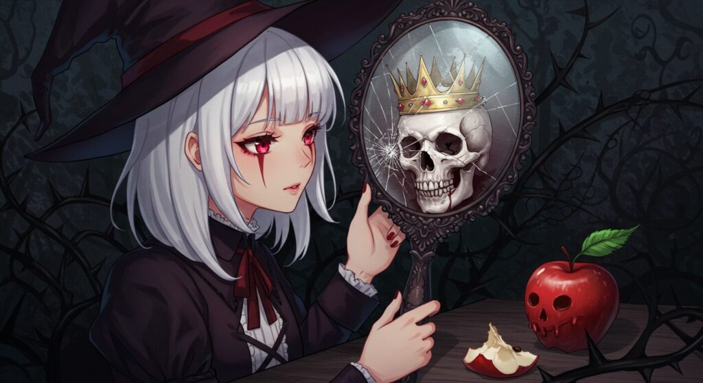 『魔女と猟犬』の童話モチーフを象徴する画像。魔女が持つ手鏡に、美しい女王ではなく、王冠を被った髑髏が映っている